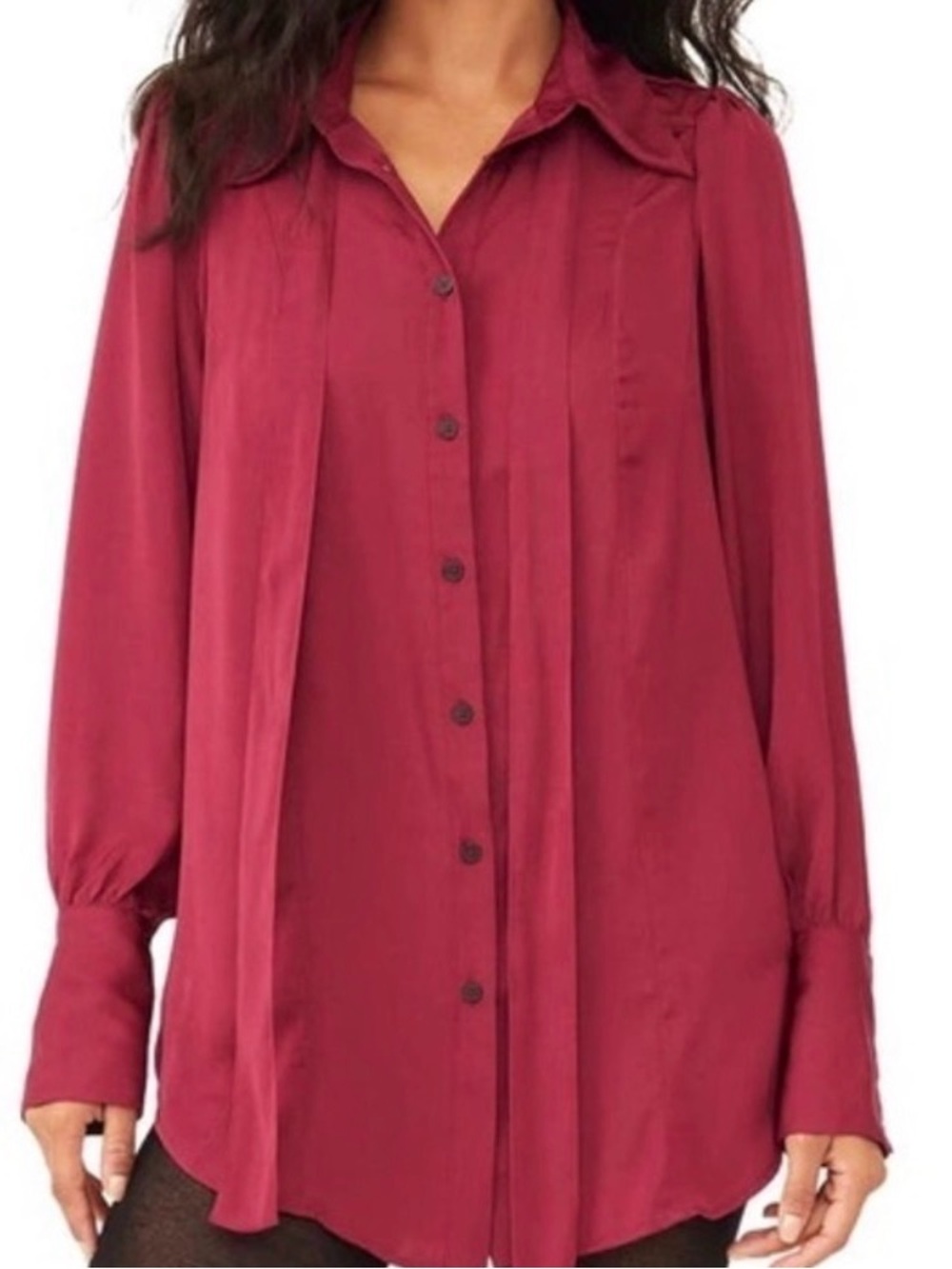 #743 FREE PEOPLE Satiny Button-Down Blouse in Burgundy Wine/Magenta